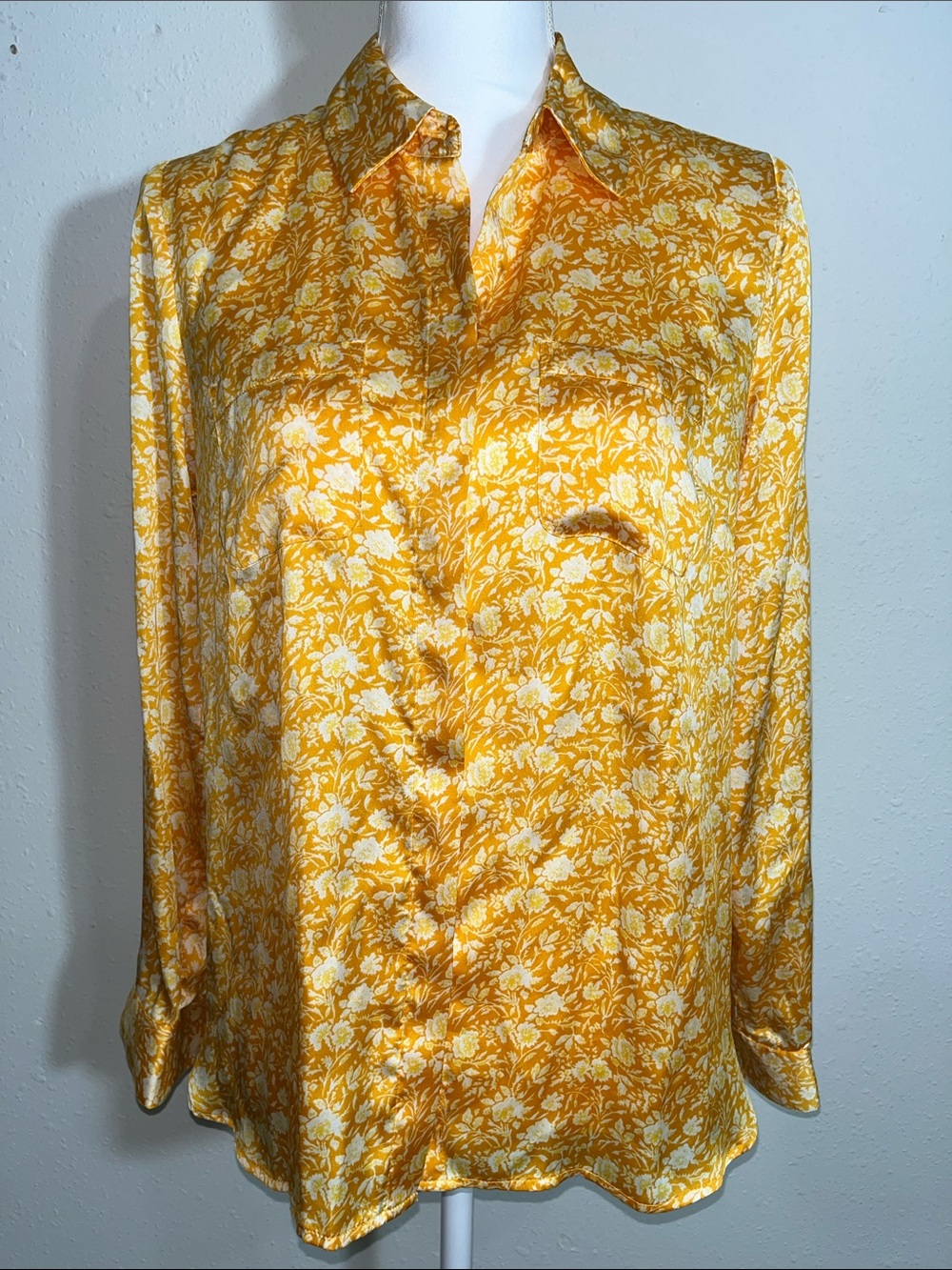 INC International Concepts Yellow Floral Satin Button-Down Shirt